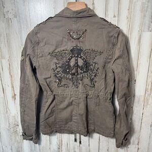 Vintage Y2K Guess Military Style Button Zip Jacket Olive Green Grunge Womens S
